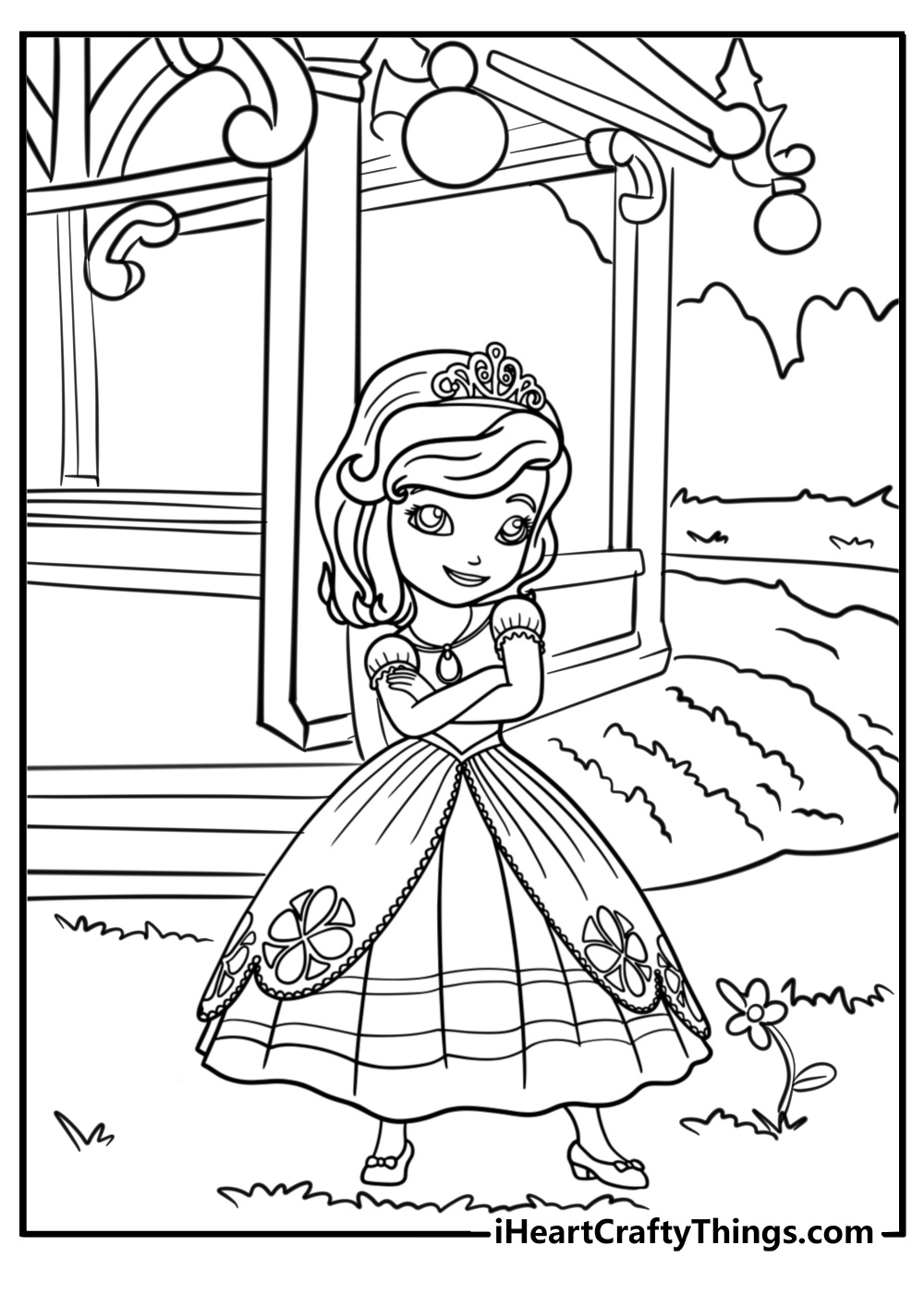 Sofia the first in the castle courtyard fun coloring page for kids