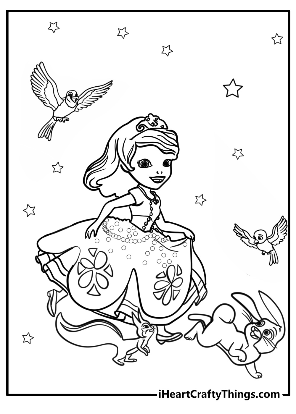 Sofia the first with her animal friends printable coloring sheet for kids