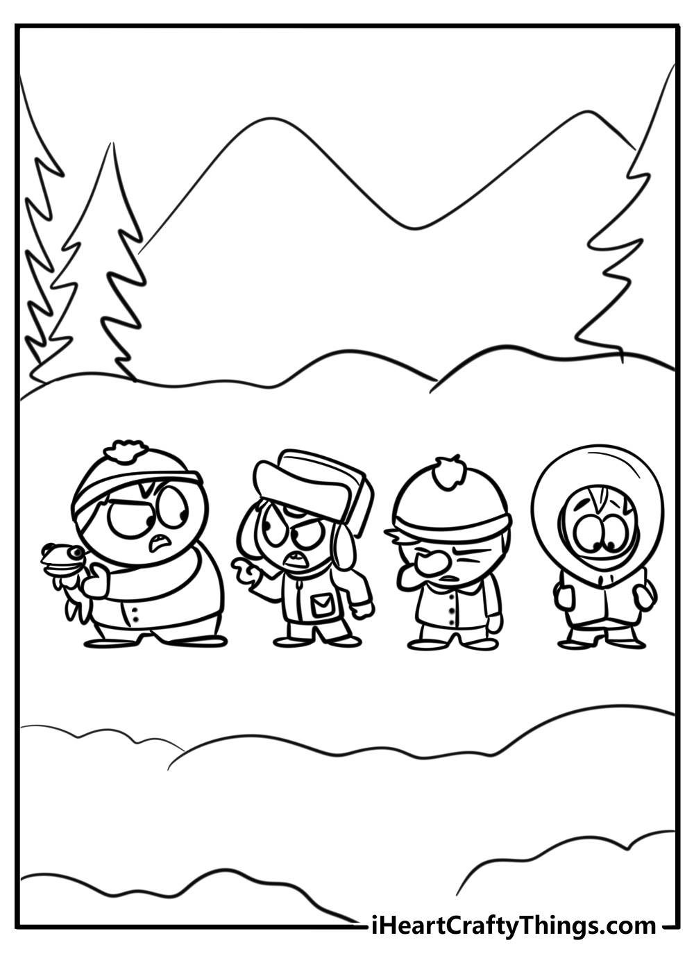 South park boys on an adventure detailed coloring sheet for kids