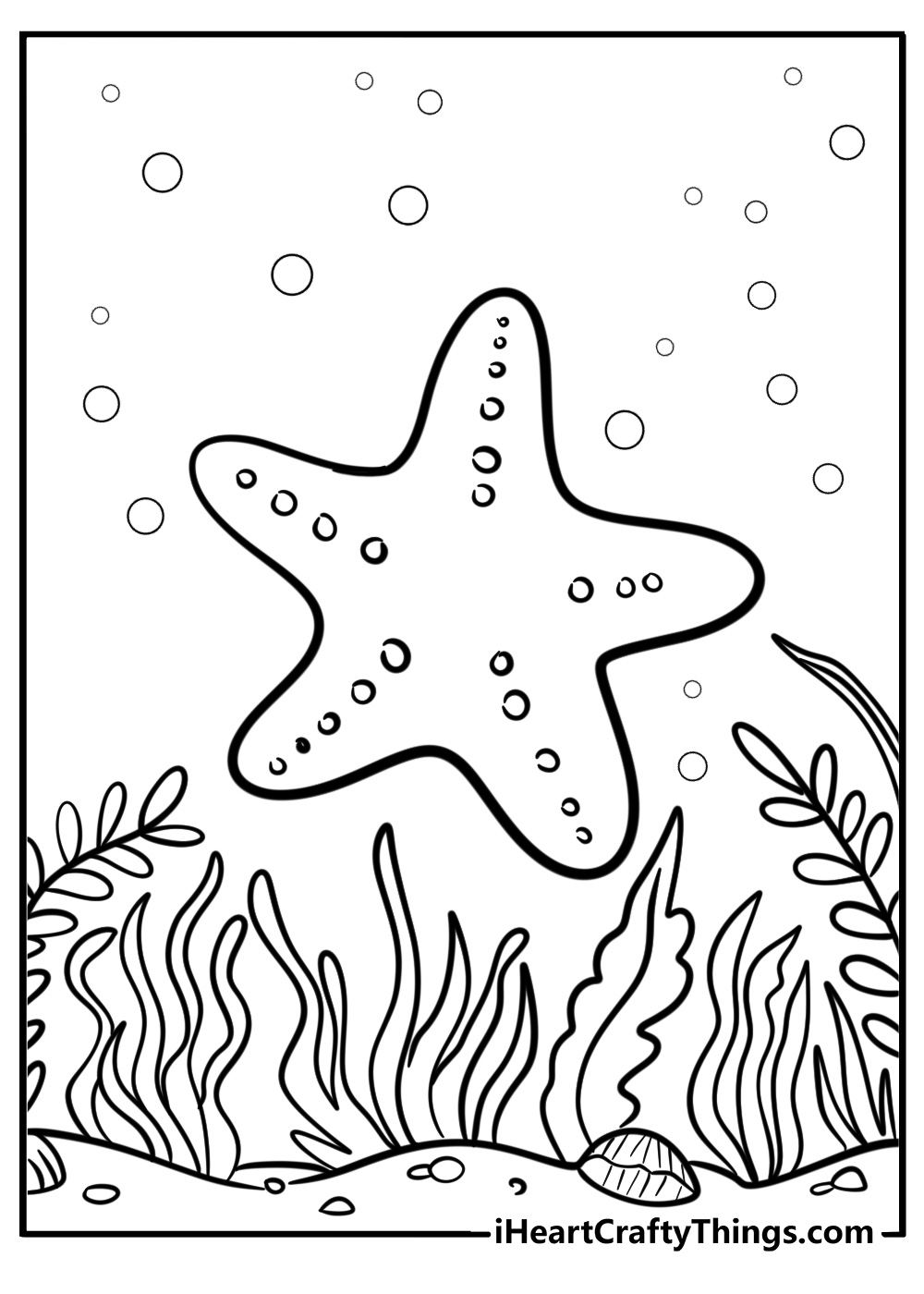 Starfish and seaweed printable coloring page for kids