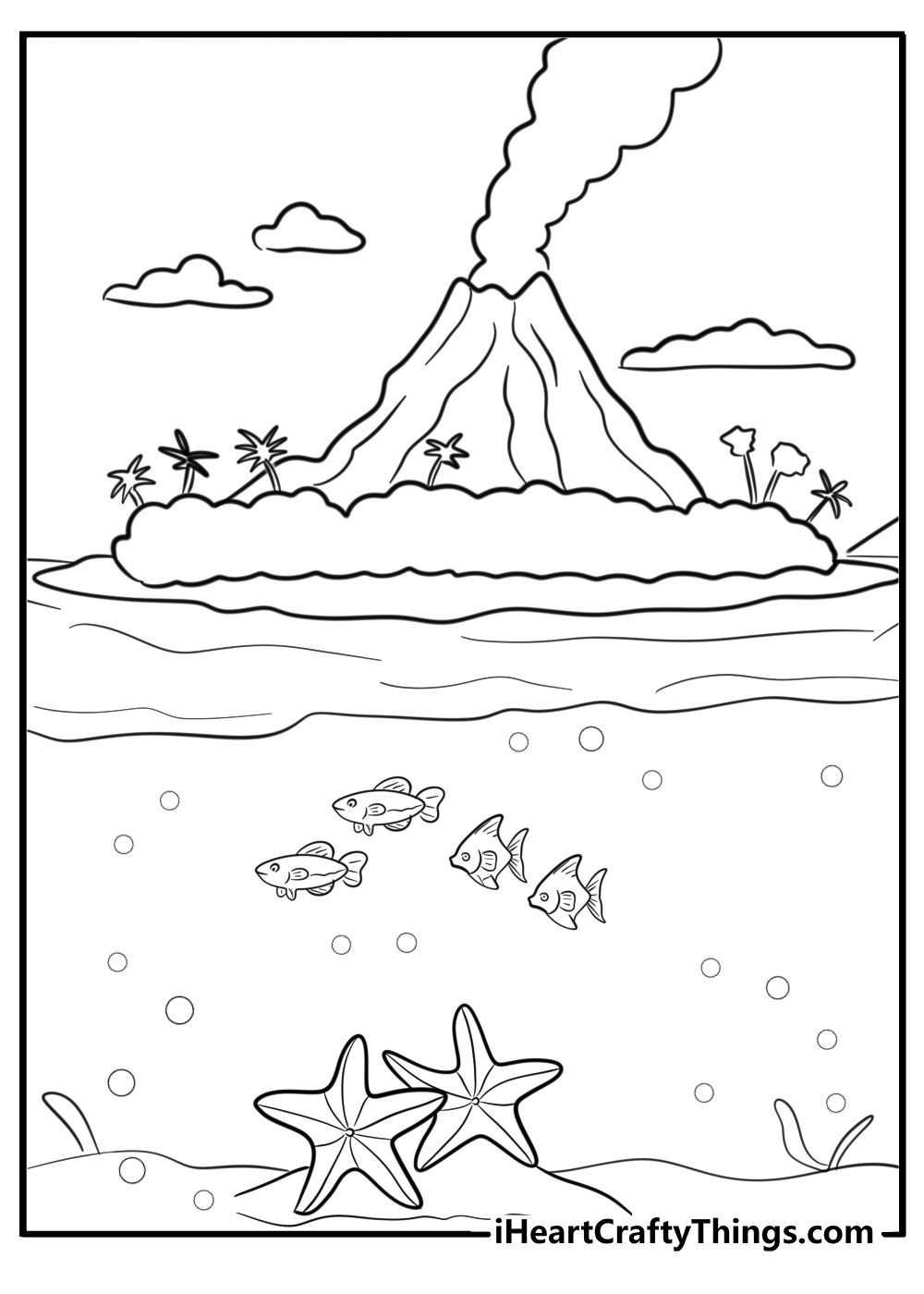 Starfish near underwater volcano free printable coloring page