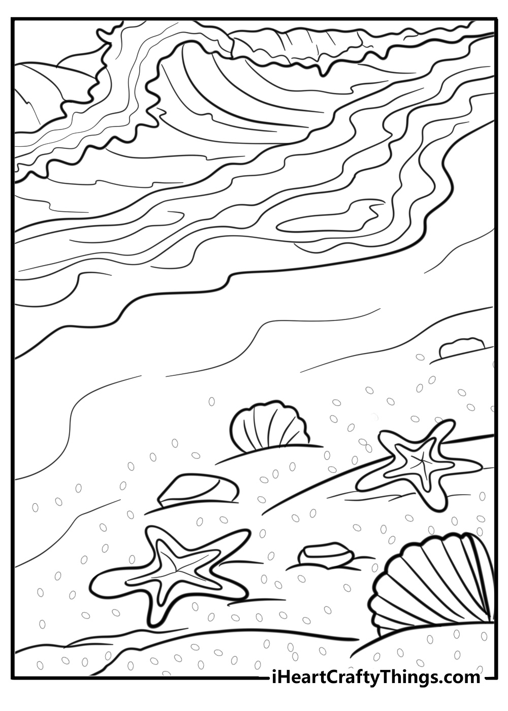 Starfish on sandy beach printable coloring page for kids