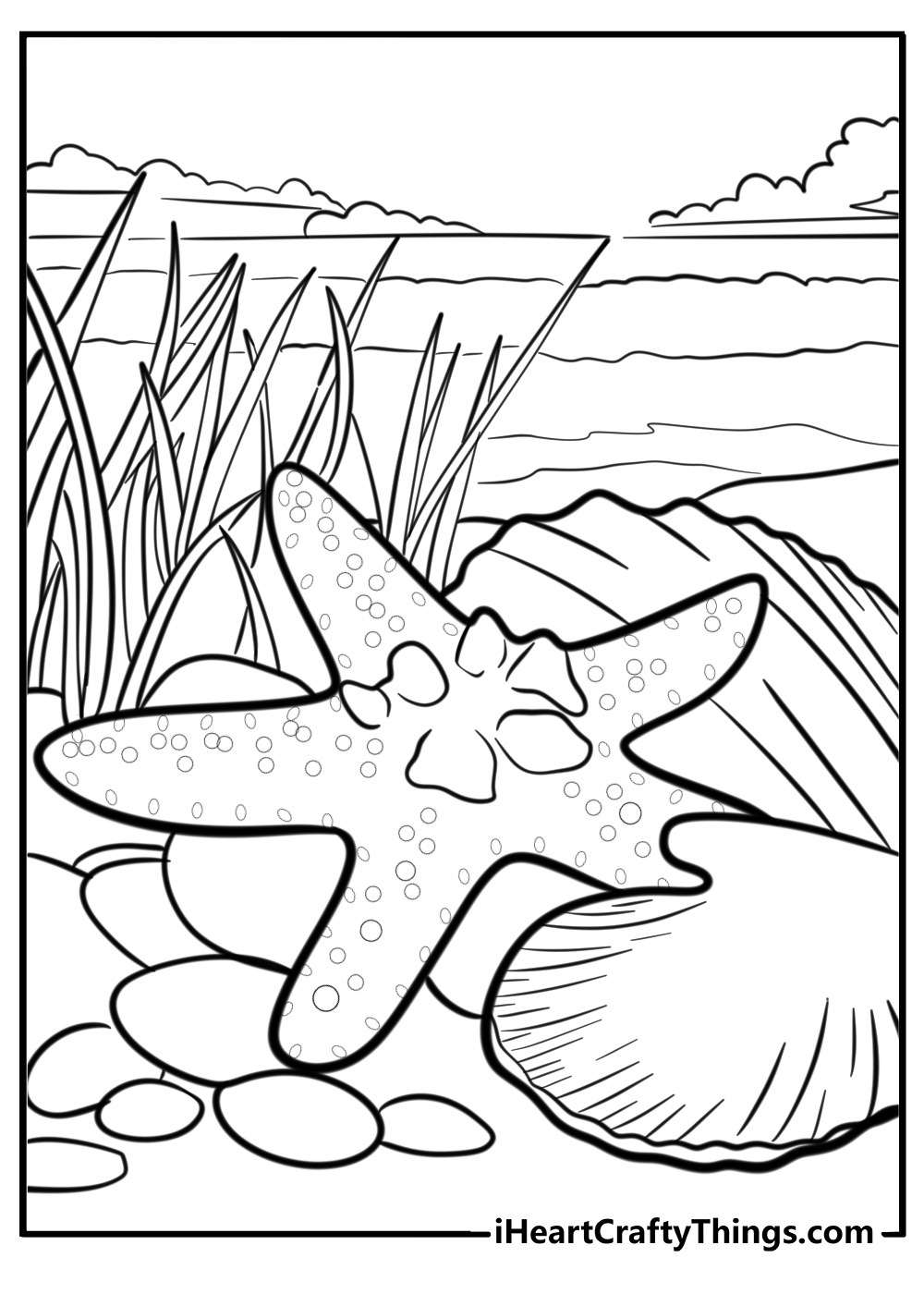 Starfish with ocean plants fun coloring sheet for kids