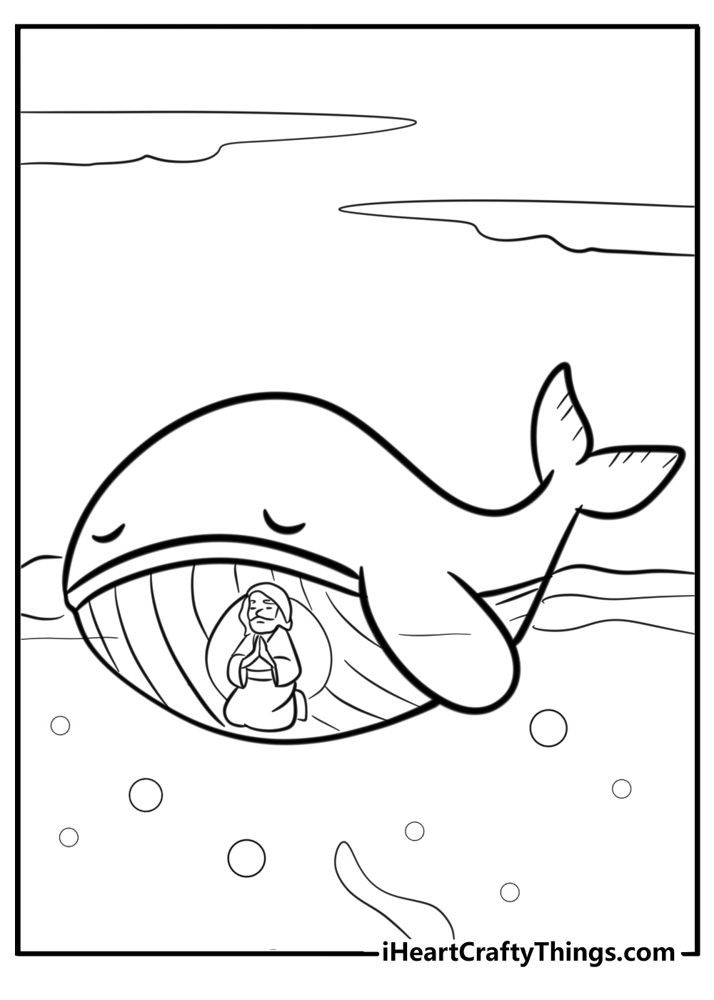 The whale swimming with jonah inside printable coloring sheet