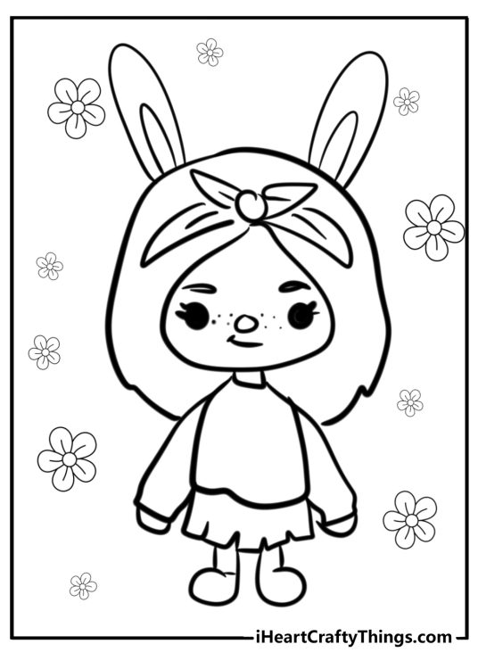 Toca boca girl in dress and bunny ears printables to color