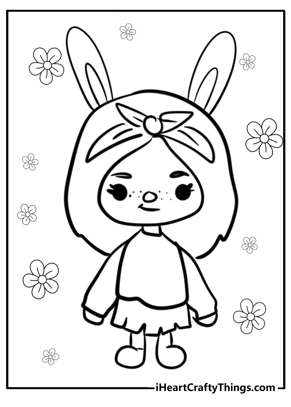 Toca boca girl in dress and bunny ears printables to color