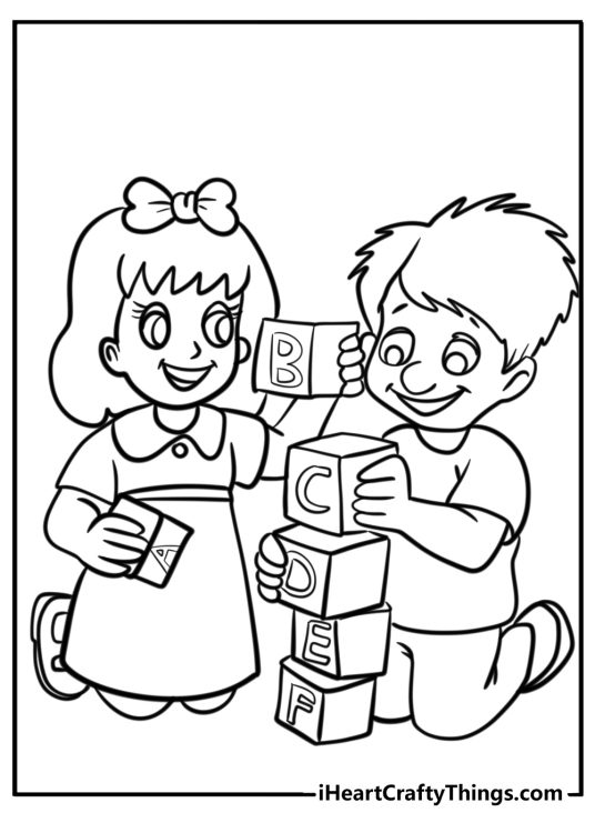 Best friends-themed drawing depicting two happy kids palying with building blocks
