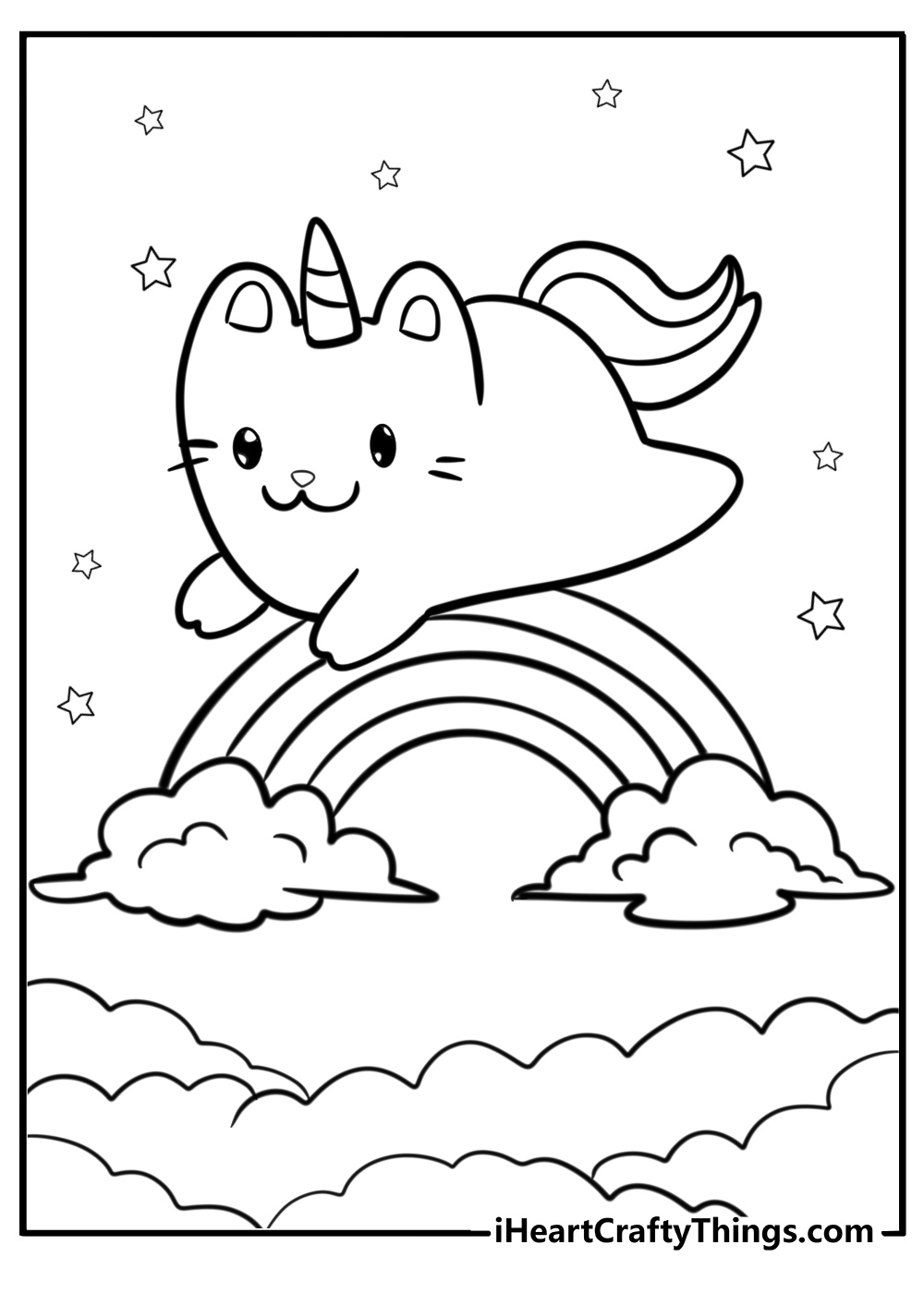 Unicorn cat flying in the sky coloring page for kids