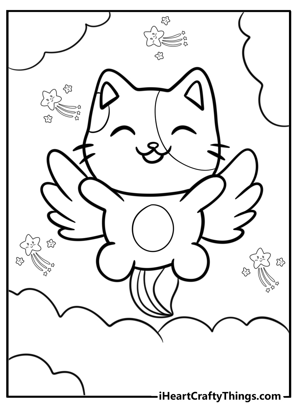 Unicorn cat flying on a cloud fun printable coloring sheet