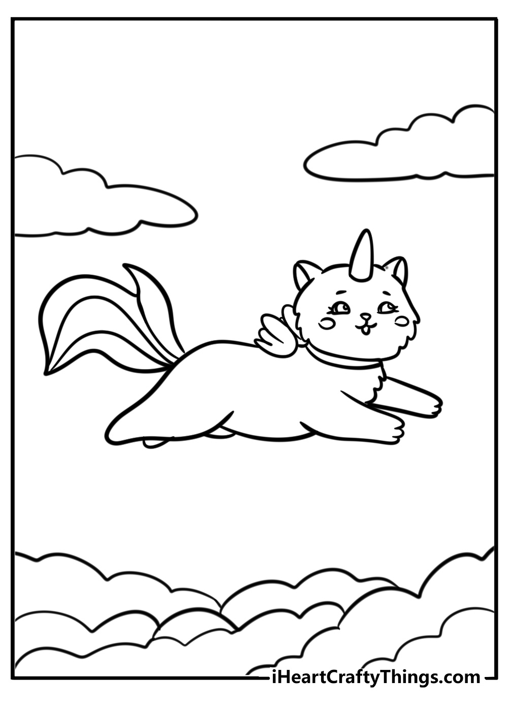 Unicorn cat flying with wings printable coloring sheet