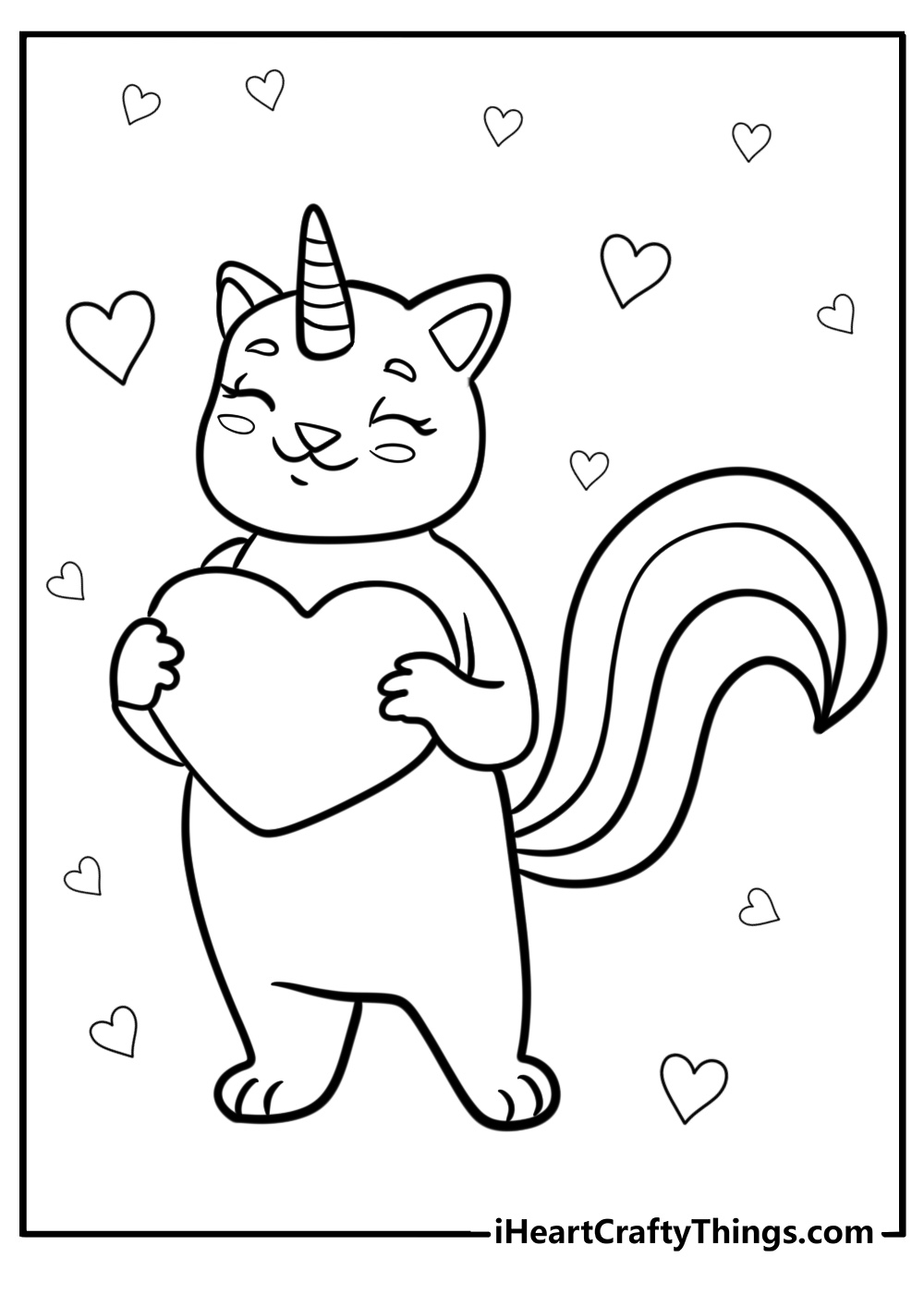 Unicorn cat holding a heart coloring page for kids