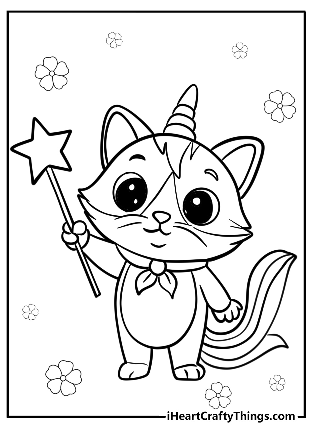 Unicorn cat holding a magical wand coloring page