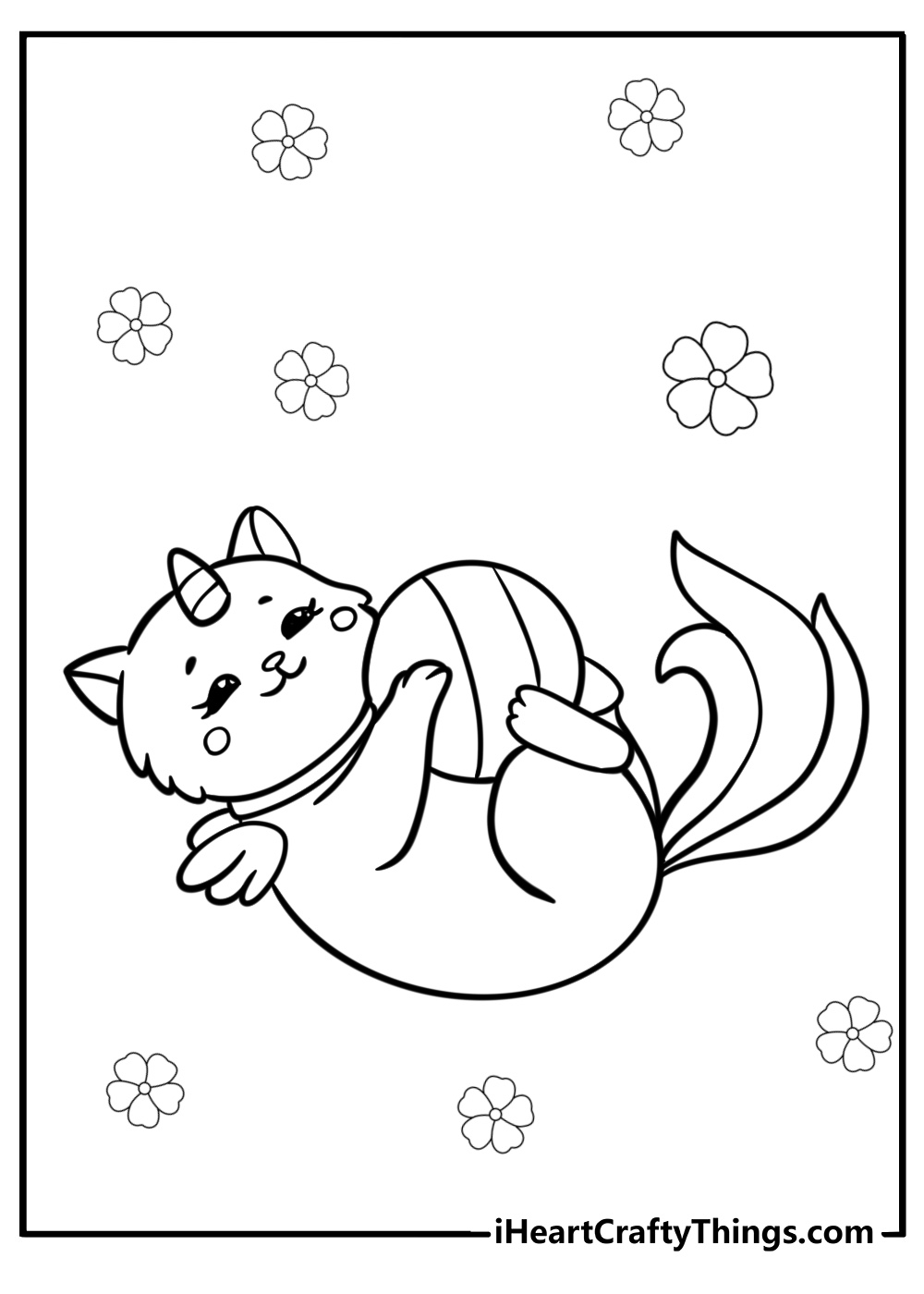 Unicorn cat playing with a ball printable coloring page