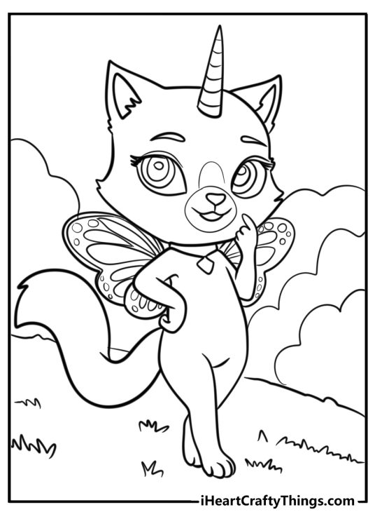 Coloring image of a beautiful female unicorn cat with butterfly wings posing outdoors
