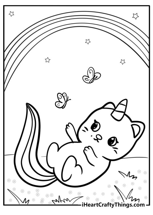 Printable picture featuring unicorn cat playing with butterflies under a big rainbow