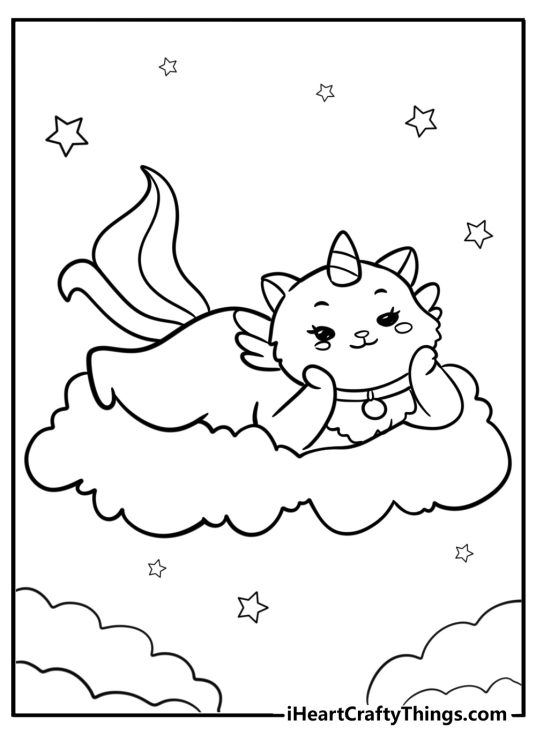 Coloring page for children capturing romantic unicorn cat floating on a fluffy cloud