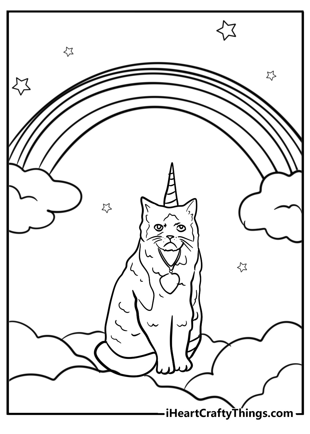 Unicorn cat sitting under a rainbow fun coloring sheet