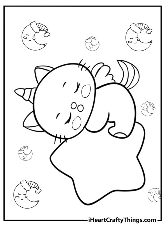 Coloring page featuring cozy scene with unicorn cat sleeping on a big star surrounded by plenty small crescent moons