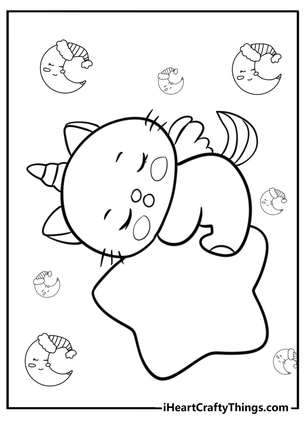 Unicorn cat sleeping on a star detailed coloring sheet