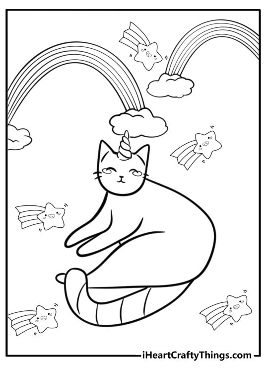 Picture to color featuring unicorn cat surrounded by rainbows and cartoony stars