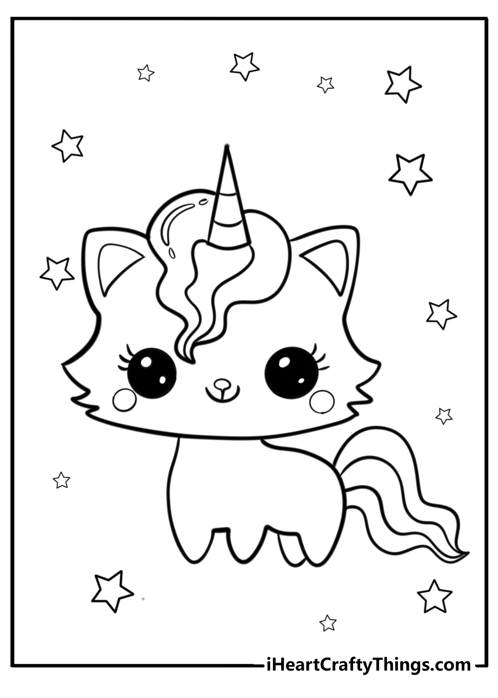 Unicorn cat surrounded by stars free printable coloring page