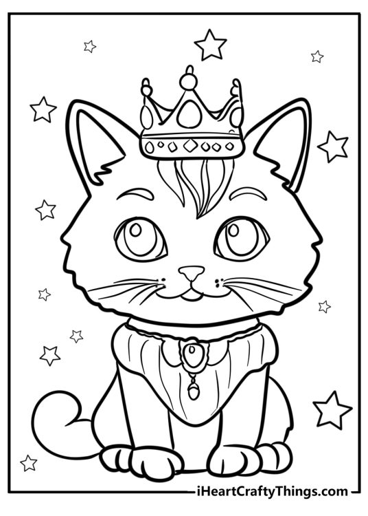 Detailed coloring sheet for kids presenting unicorn cat wearing a tiara and necklace