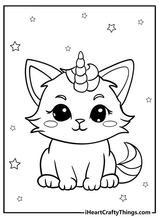 Printable picture for kids presenting fluffy unicorn cat with big black eyes surrounded by stars in the background