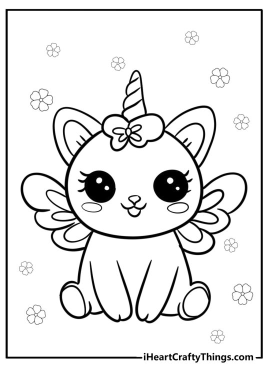Coloring image of an adorable unicorn cat with fairy wings and a bow attached to the horn