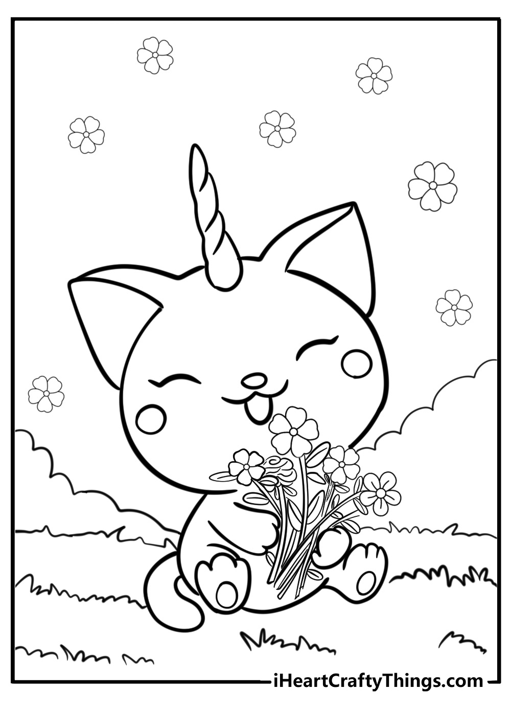 Unicorn cat with flowers fun cartoon coloring sheet