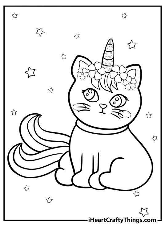 Coloring page for kids depicting unicorn cat with glittery horn and flowers attached to it