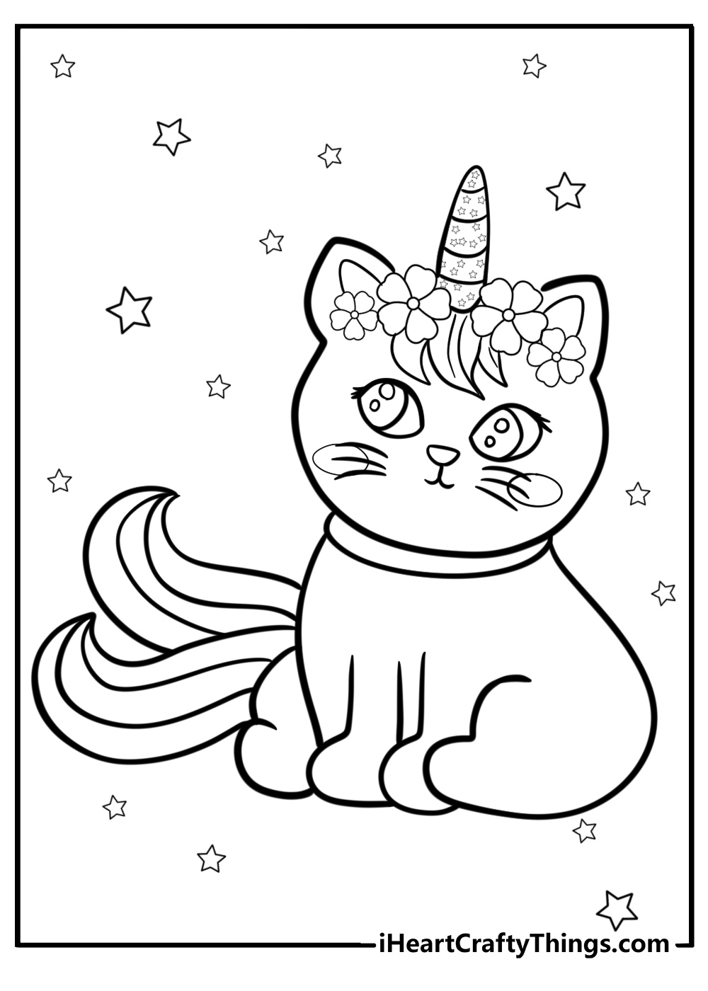 Unicorn cat with glittery horn detailed coloring sheet