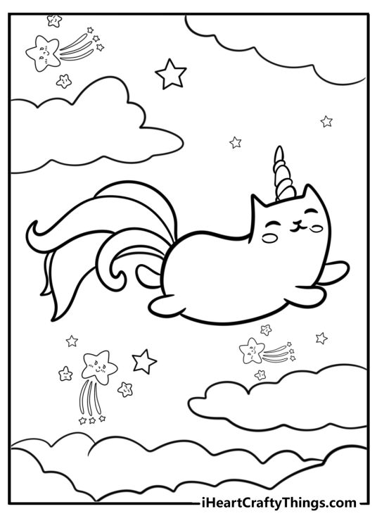 Coloring printable showing unicorn cat soaring through the skies with stars and clouds all around