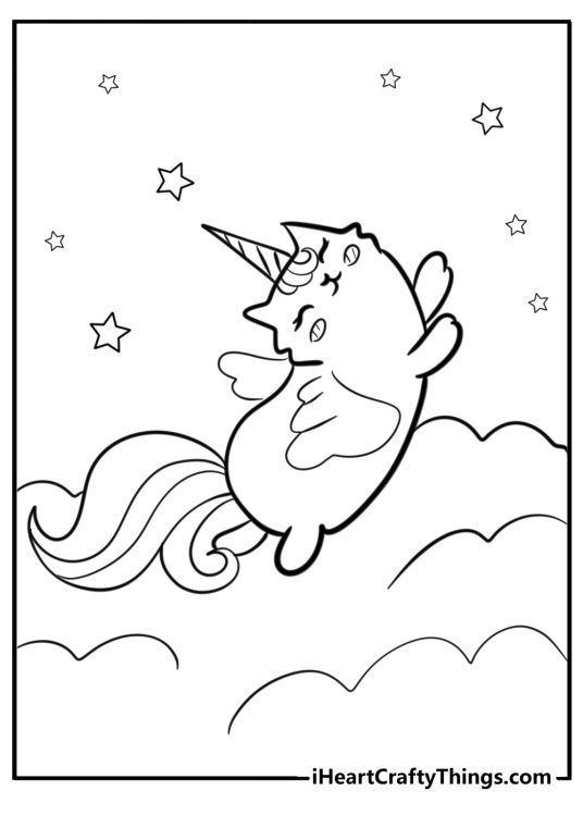 Coloring book page presenting relaxed-looking unicorn cat with long fluffy tail soaring through the skies