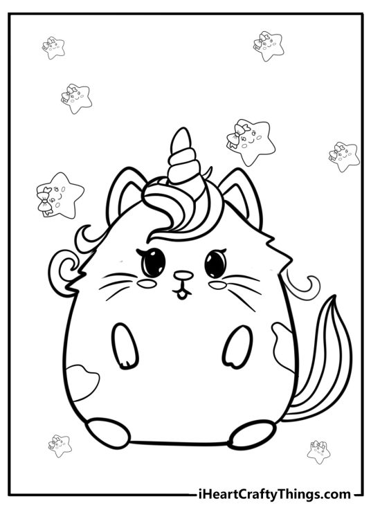 Picture for kids featuring adorable chubby unicorn cat surrounded by cartoony stars