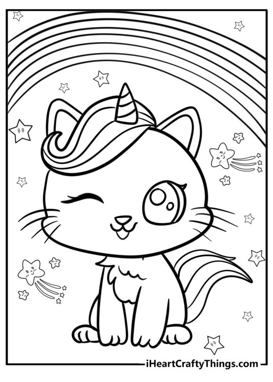 Detailed picture to color featuring unicorn cat winking to us while sitting under a rainbow