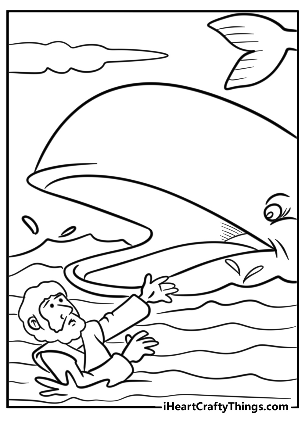 Whale approaching jonah in the sea printable coloring page