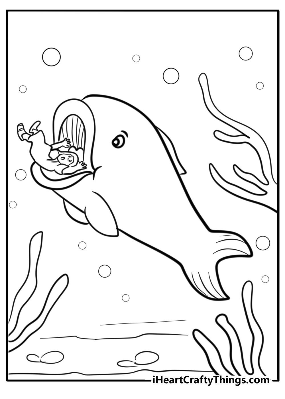 Whale swimming in the ocean bible story coloring sheet