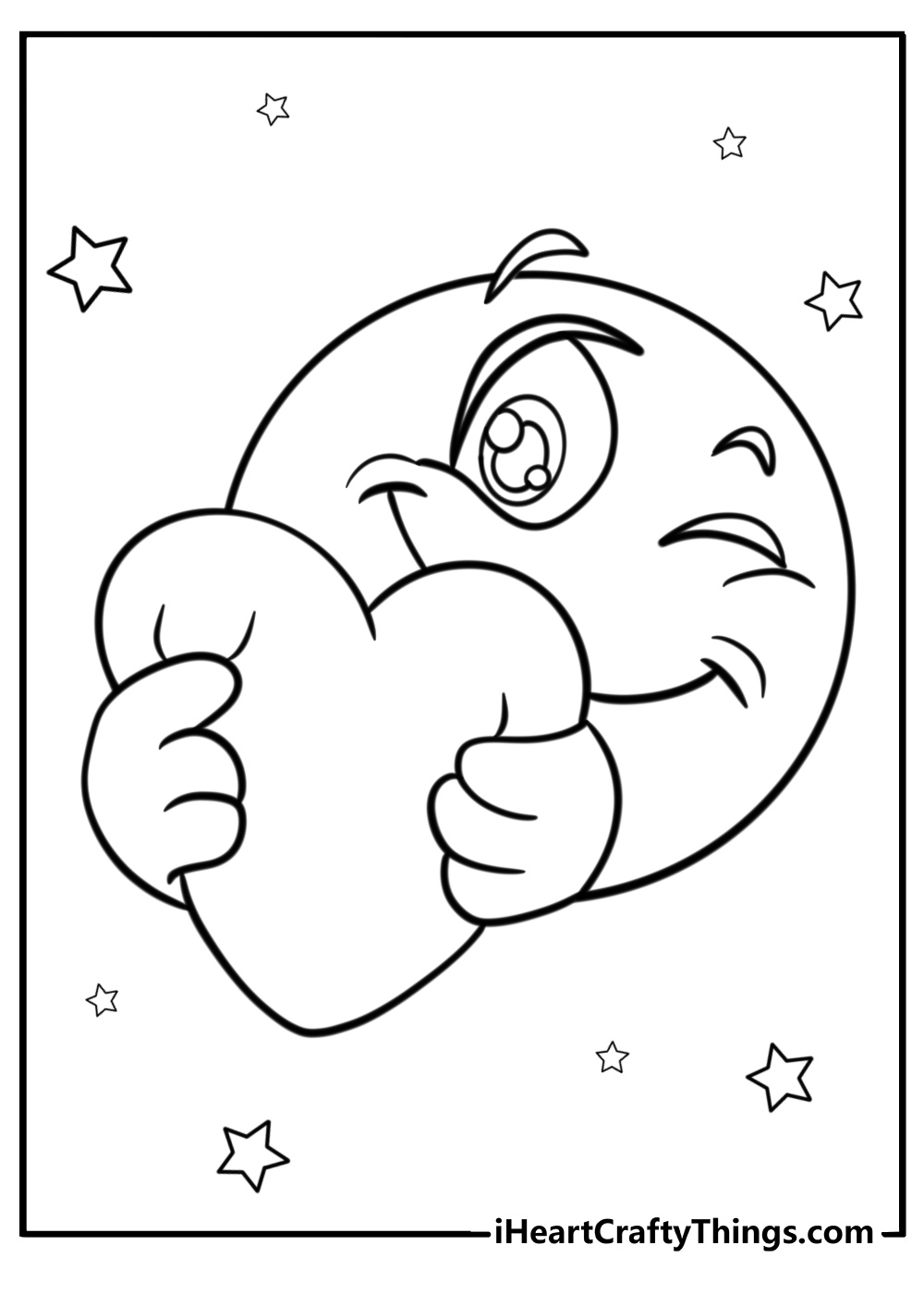 Winking smiley face with hearts printable coloring page