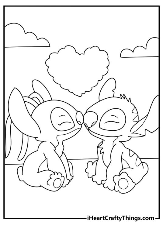 Angel and Stitch touching noses under a heart cloud printable coloring sheet