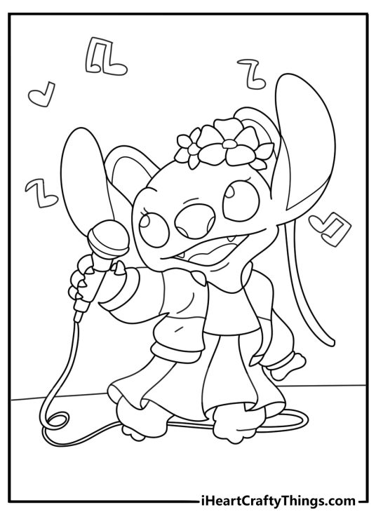 Angel singing toward Stitch with floating music notes Lilo and Stitch coloring page