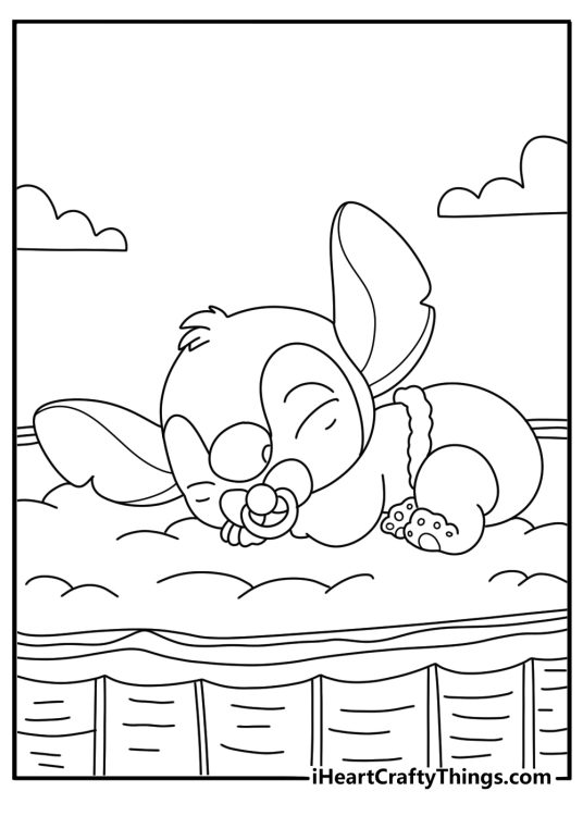 Baby Stitch sleeping inside a woven basket cute kawaii coloring page