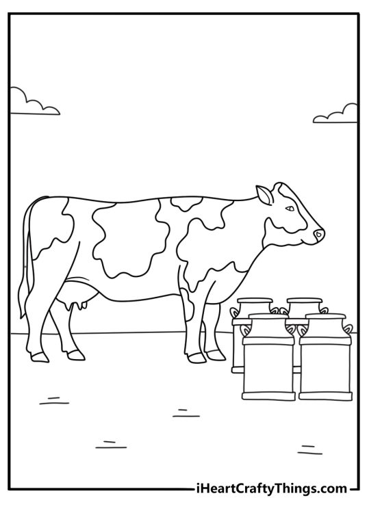 Cow coloring page for kids with a dairy cow beside milk cans