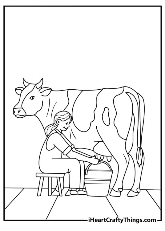 Cow coloring page with a dairy cow being milked on a farm stool