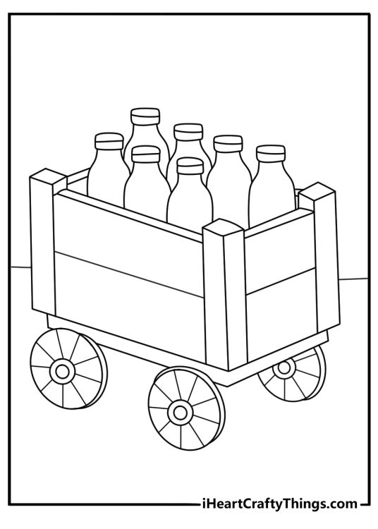 Cow coloring page with a farm wagon loaded with milk bottles