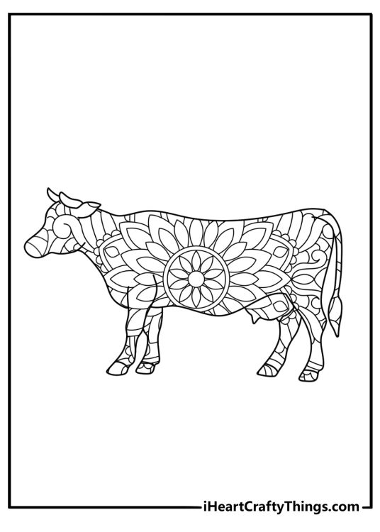 Cow coloring pages for adults with a mandala pattern inside a cow shape
