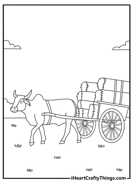 Cow coloring pages scene with a cow pulling a small cart of hay