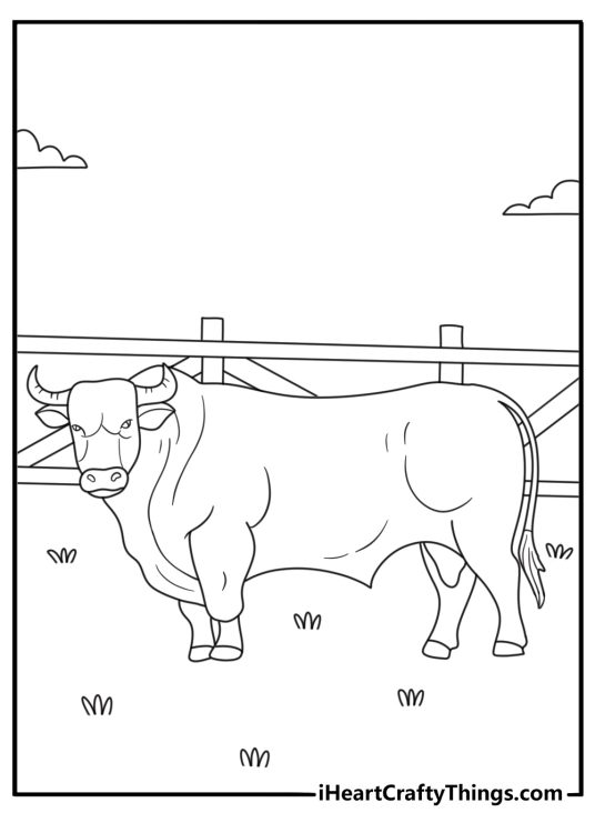 Cow coloring pages with a bull standing in front of a ranch fence