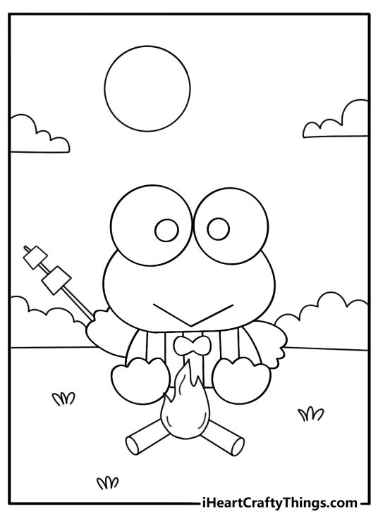 Cute Keroppi coloring pages with Keroppi roasting marshmallows by a campfire