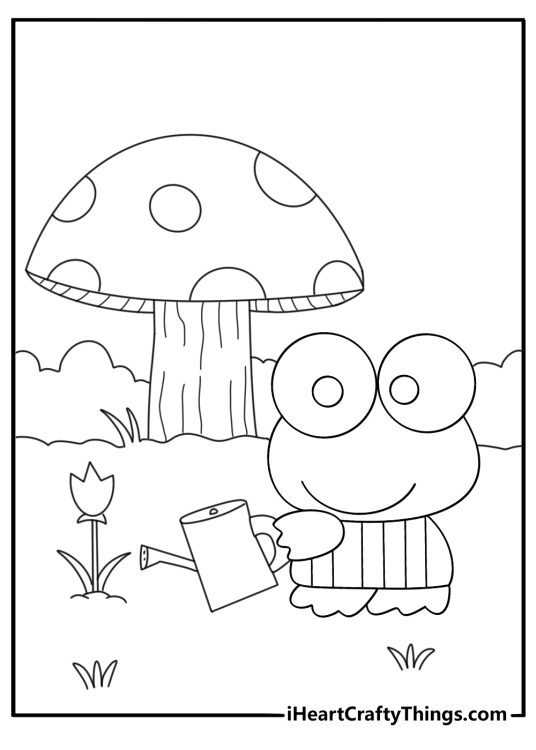 Cute Keroppi coloring sheet with Keroppi gardening beside mushrooms