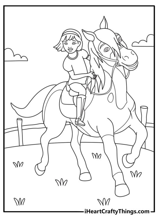 Cute Spirit coloring page with Abigail and Boomerang near the town fence